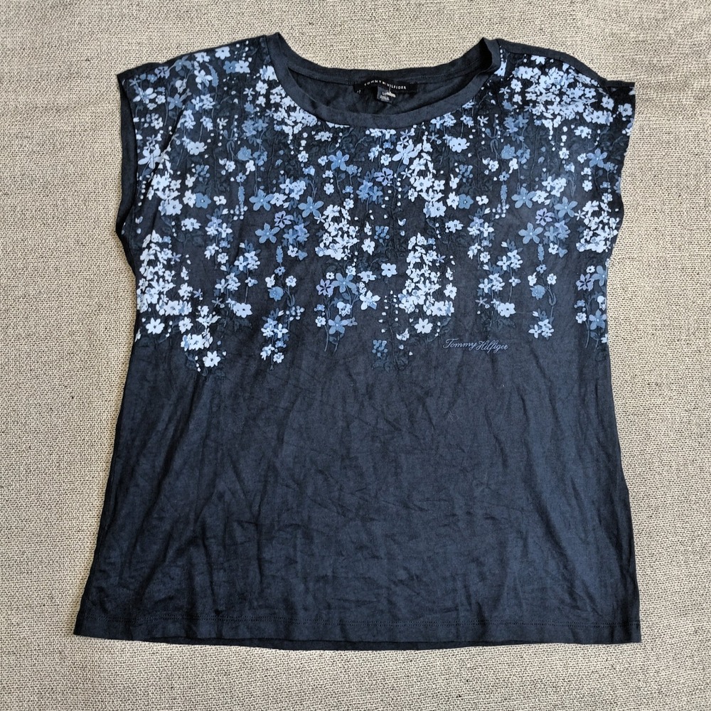 Tommy Hilfiger Floral Cap Sleeve Tee Womens Small Navy Blue Excellent Casual